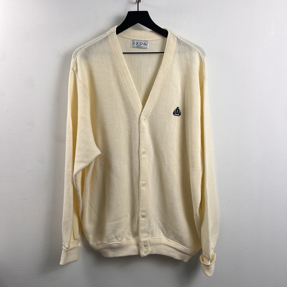 80s Lacoste Izod Cardigan Sweater XLarge Ivory 100% Acrylic Made in USA